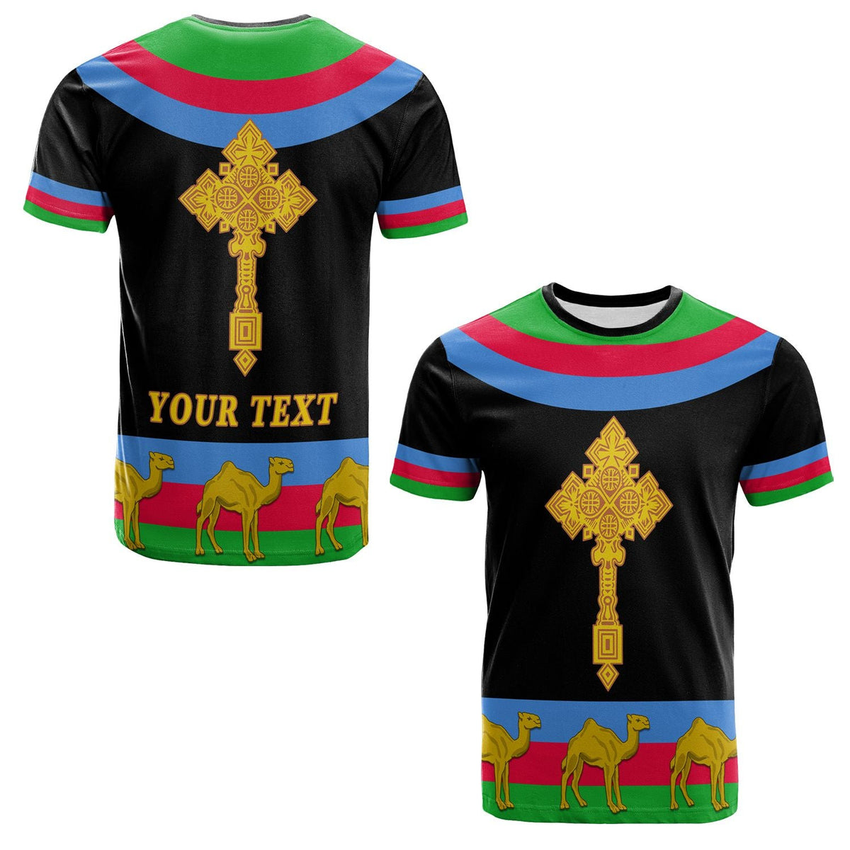 Custom Eritrea T Shirt Cross Flag Camel Black LT13 - Shopicos