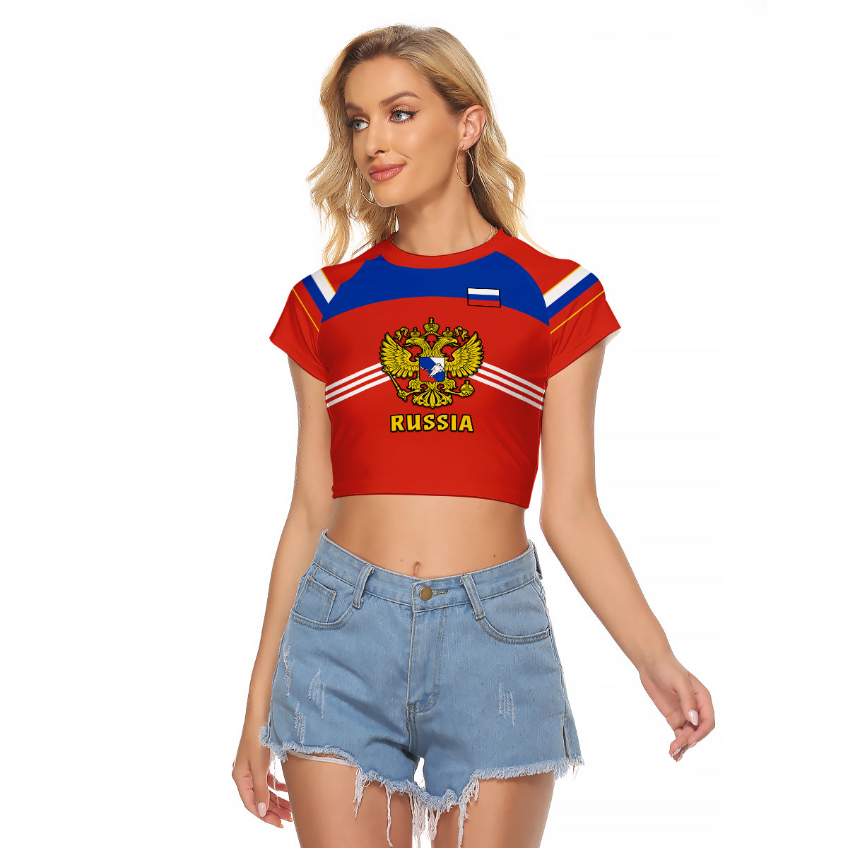 (Custom Text And Number) Russia Hockey 2023 Red Sporty Style Raglan Cropped T Shirt - Shopicos