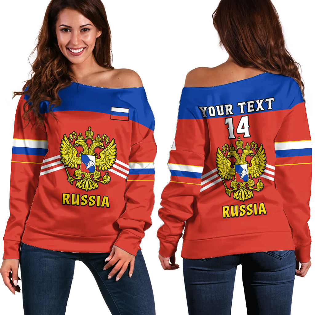(Custom Text And Number) Russia Hockey 2023 Red Sporty Style Off Shoulder Sweater - Shopicos