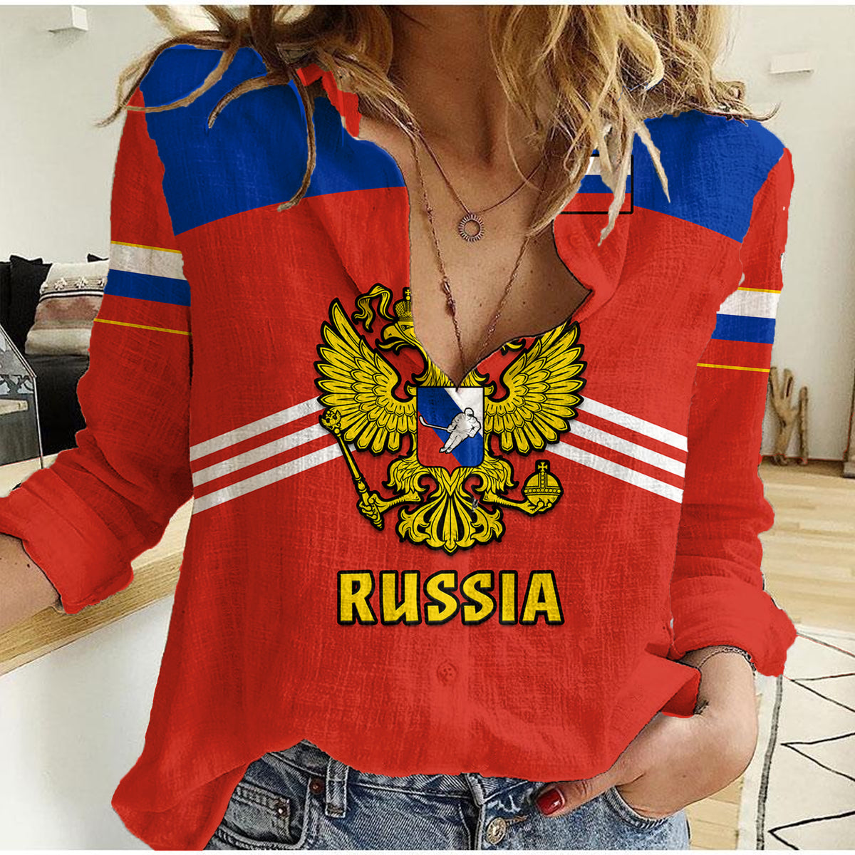 (Custom Text And Number) Russia Hockey 2023 Red Sporty Style Women Casual Shirt - Shopicos
