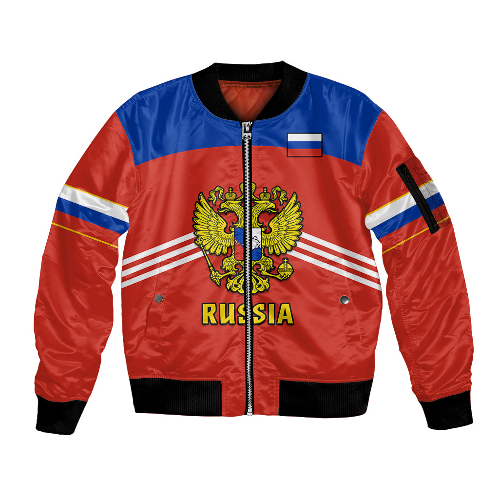 (Custom Text And Number) Russia Hockey 2023 Red Sporty Style Sleeve Zip Bomber Jacket - Shopicos