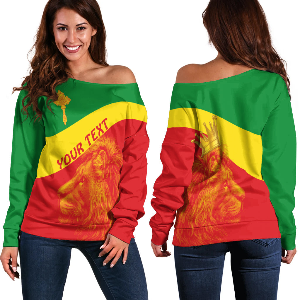 (Custom Personalised) Ethiopia Off Shoulder Sweater Ethiopian Cross and Lion of Judah LT13 - Shopicos