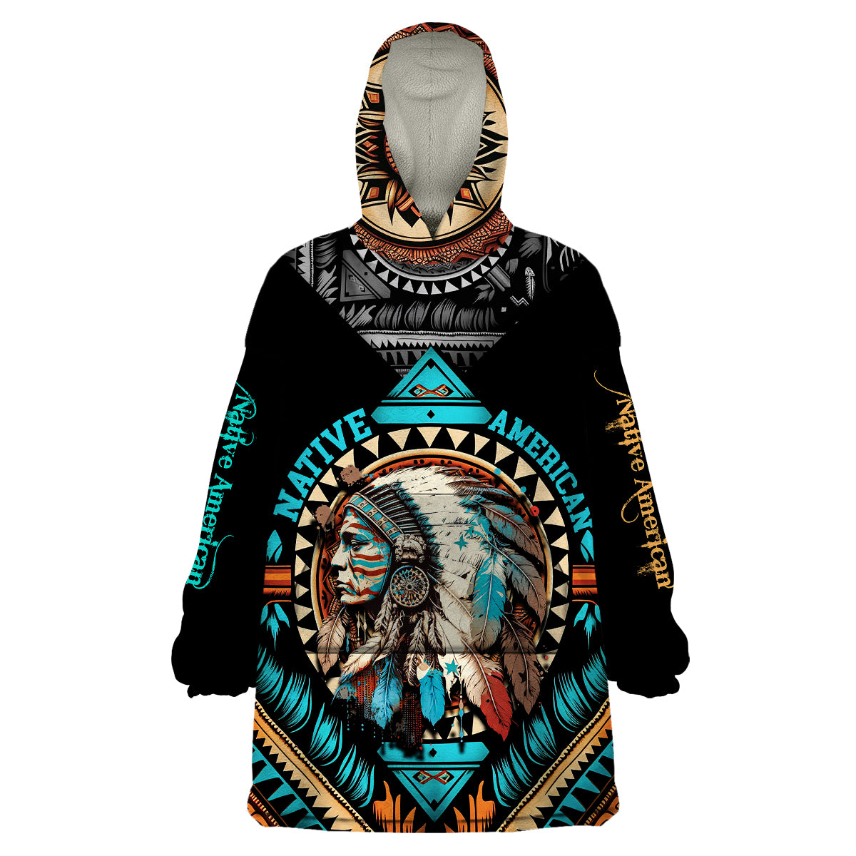Native American Indian Girl Chief Colorful Feathered Painting Wearable Blanket Hoodie - Shopicos