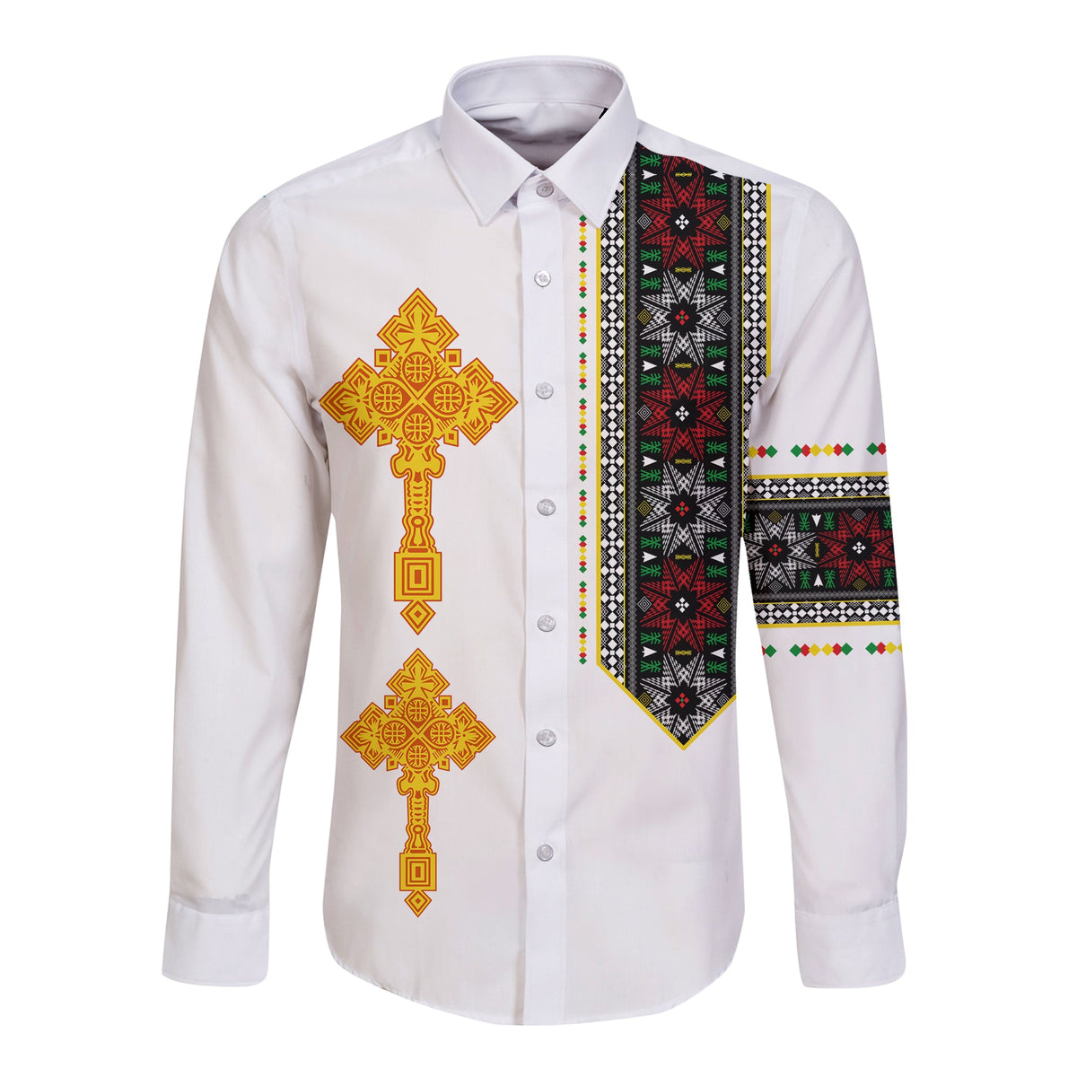 Ethiopia Tibeb Long Sleeve Button Shirt Ethiopian Cross Fashion LT13 - Shopicos