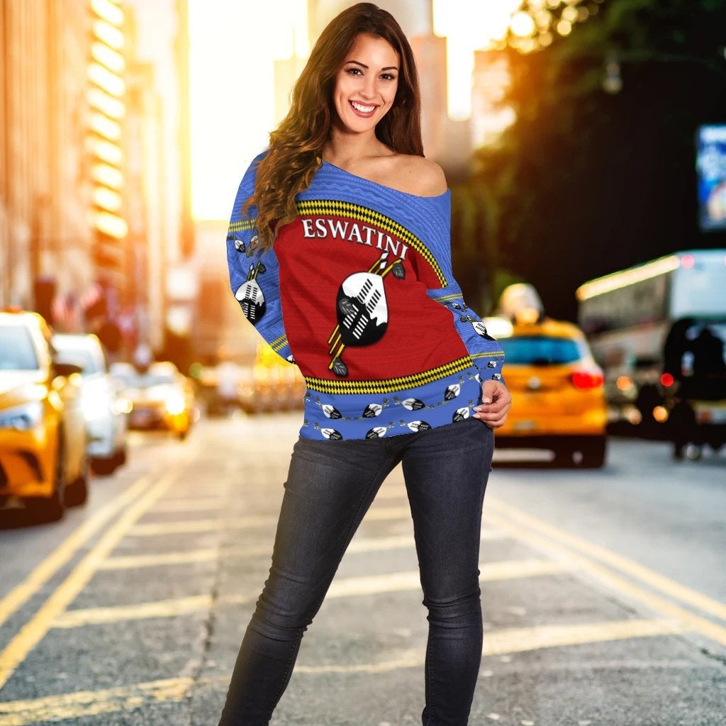 (Custom Personalised) Eswatini Independent Anniversary Off Shoulder Sweater - Flag and Shield Swaziland LT13 - Shopicos