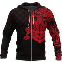 Viking Zip Hoodie - Old Norse Odin Tattoo - Red RLT12 - Shopicos