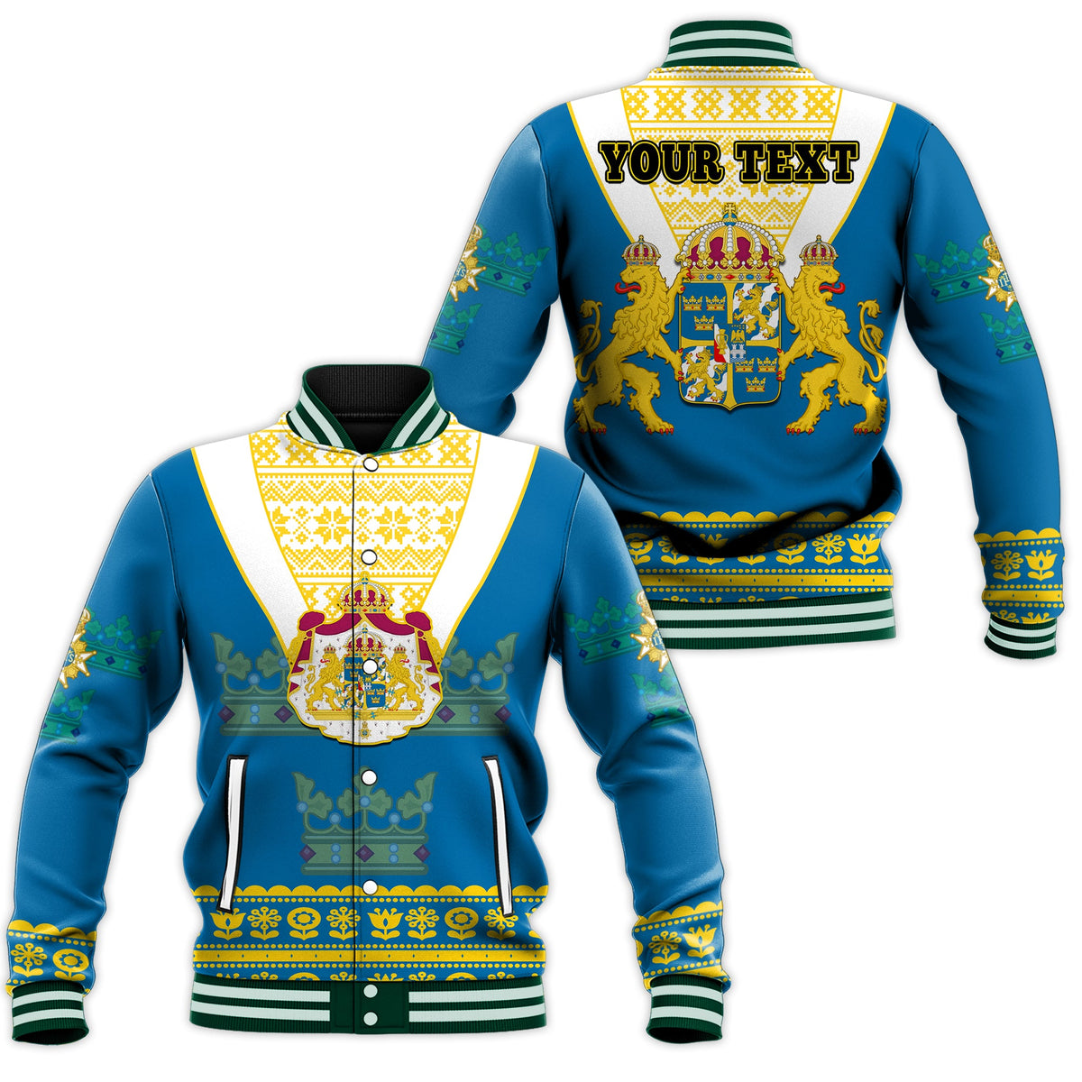 (Custom Personalised) Sweden Baseball Jacket Swedish Coat Of Arms With Scandinavian Flowers - Shopicos