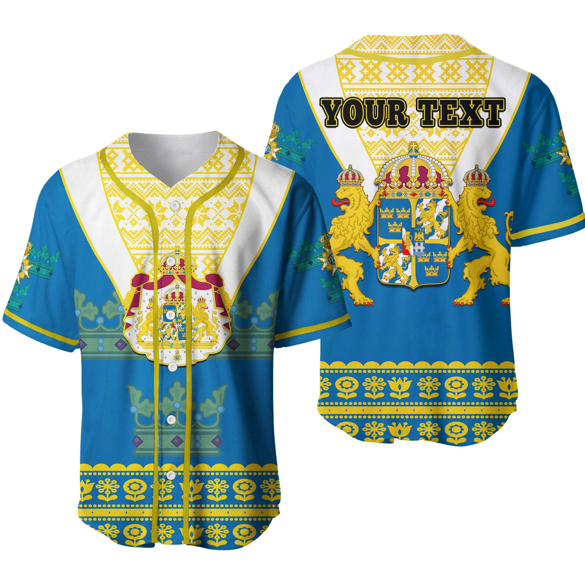 (Custom Personalised) Sweden Baseball Jersey Swedish Coat Of Arms With Scandinavian Flowers Ver.02 - Shopicos