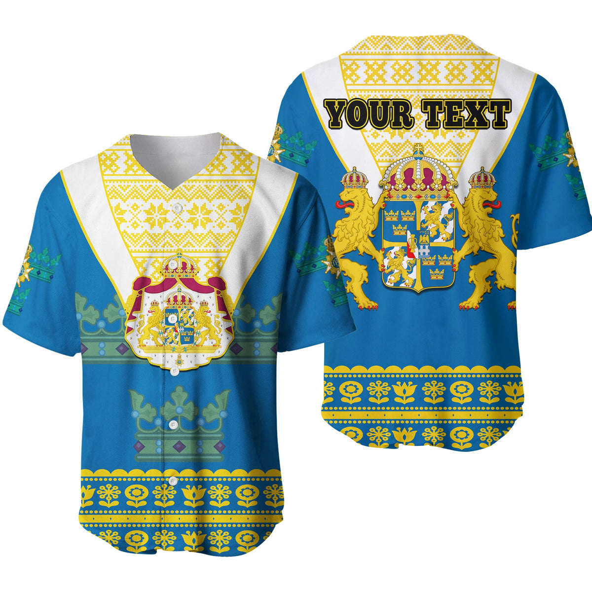 (Custom Personalised) Sweden Baseball Jersey Swedish Coat Of Arms With Scandinavian Flowers - Shopicos