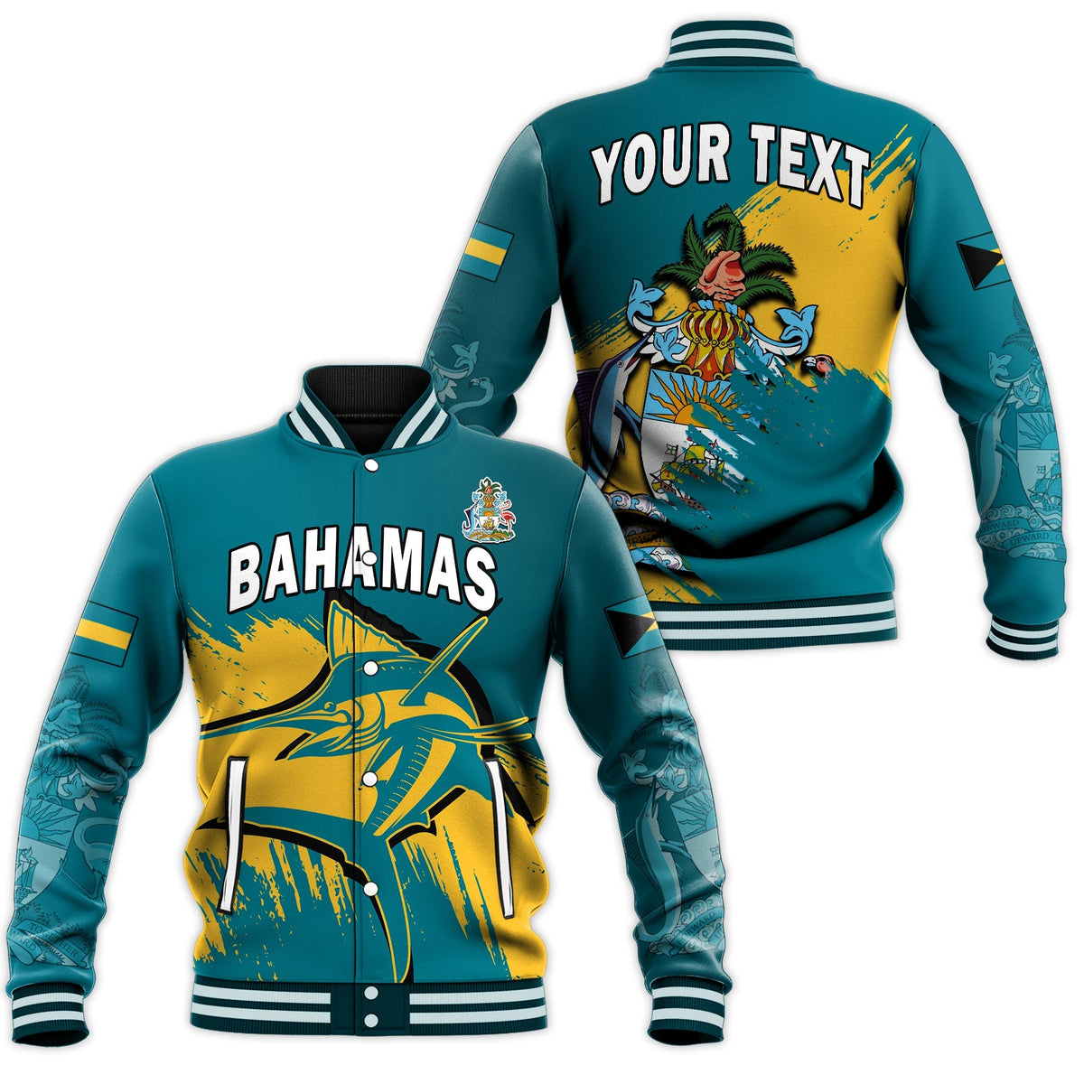 (Custom Personalised) Bahamas Baseball Jacket Blue Marlin With Bahamian Coat Of Arms - Shopicos