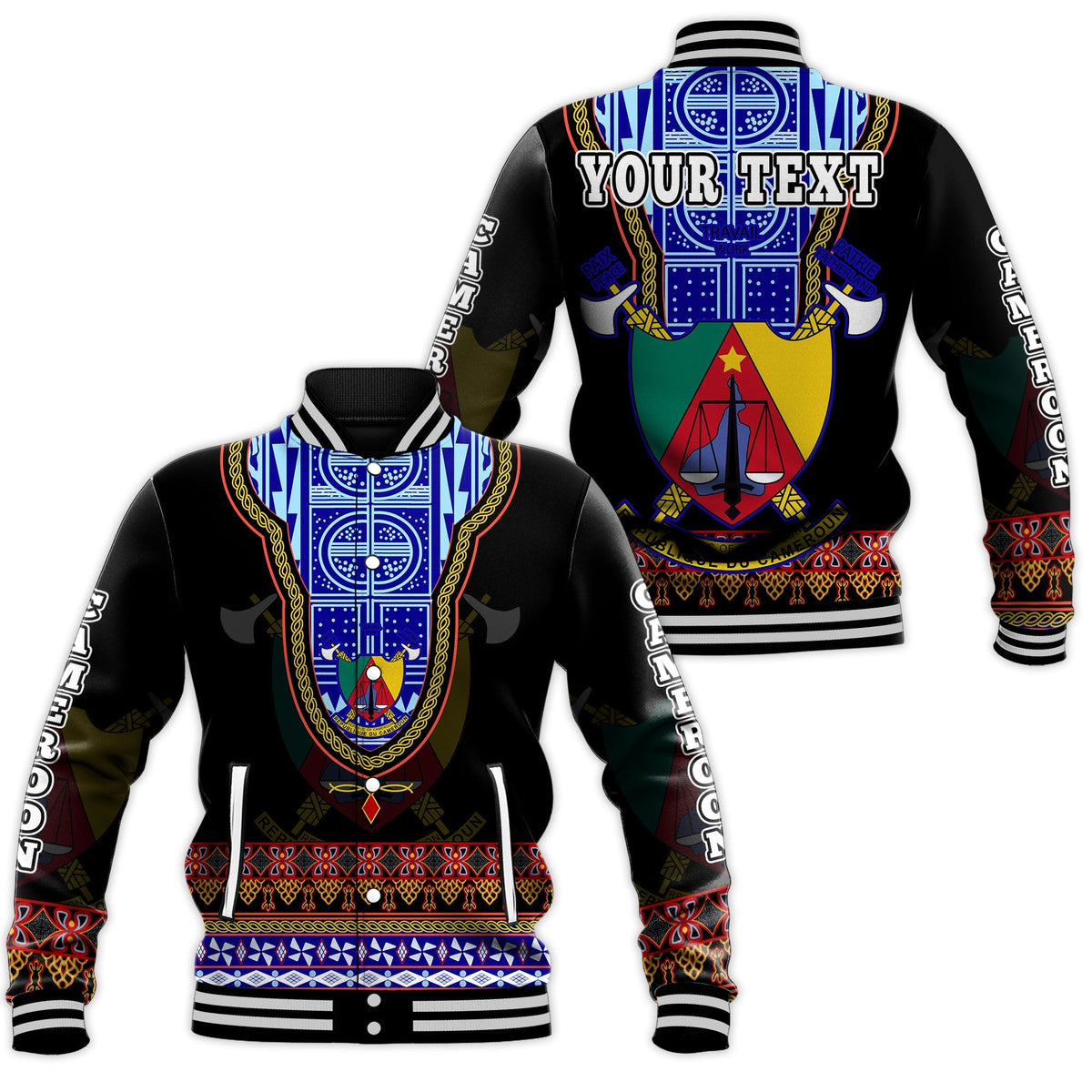 (Custom Personalised) Cameroon Baseball Jacket Atoghu Pattern Black Style - Shopicos