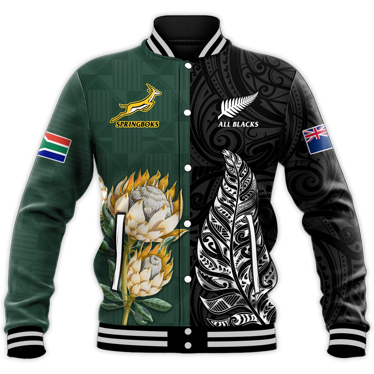 South Africa Protea and New Zealand Fern Baseball Jacket Rugby Go Springboks vs All Black LT13 - Shopicos