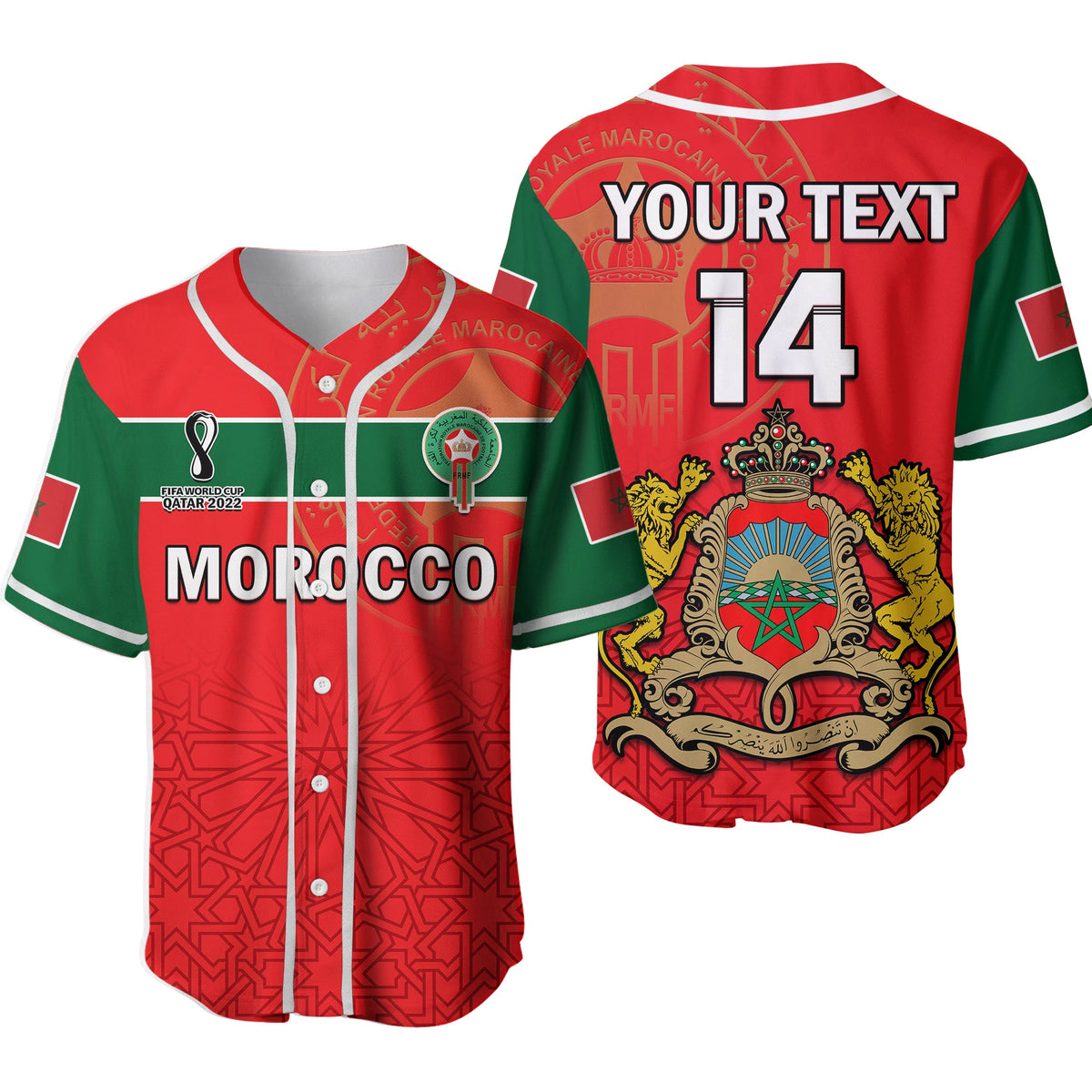 (Custom Text and Number) Morocco Football Baseball Jersey Atlas Lions Red World Cup 2022 Ver.02 - Shopicos