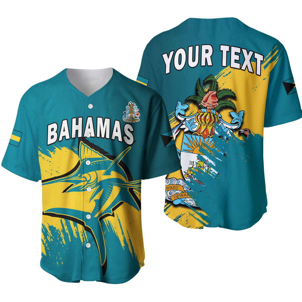 (Custom Personalised) Bahamas Baseball Jersey Blue Marlin With Bahamian Coat Of Arms - Shopicos