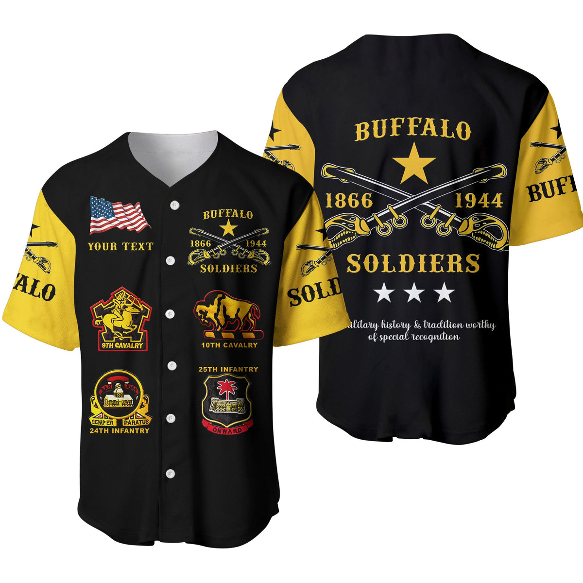 (Custom Personalised) Buffalo Soldiers Baseball Jersey African American Military Original Style - Black Gold LT8 - Shopicos