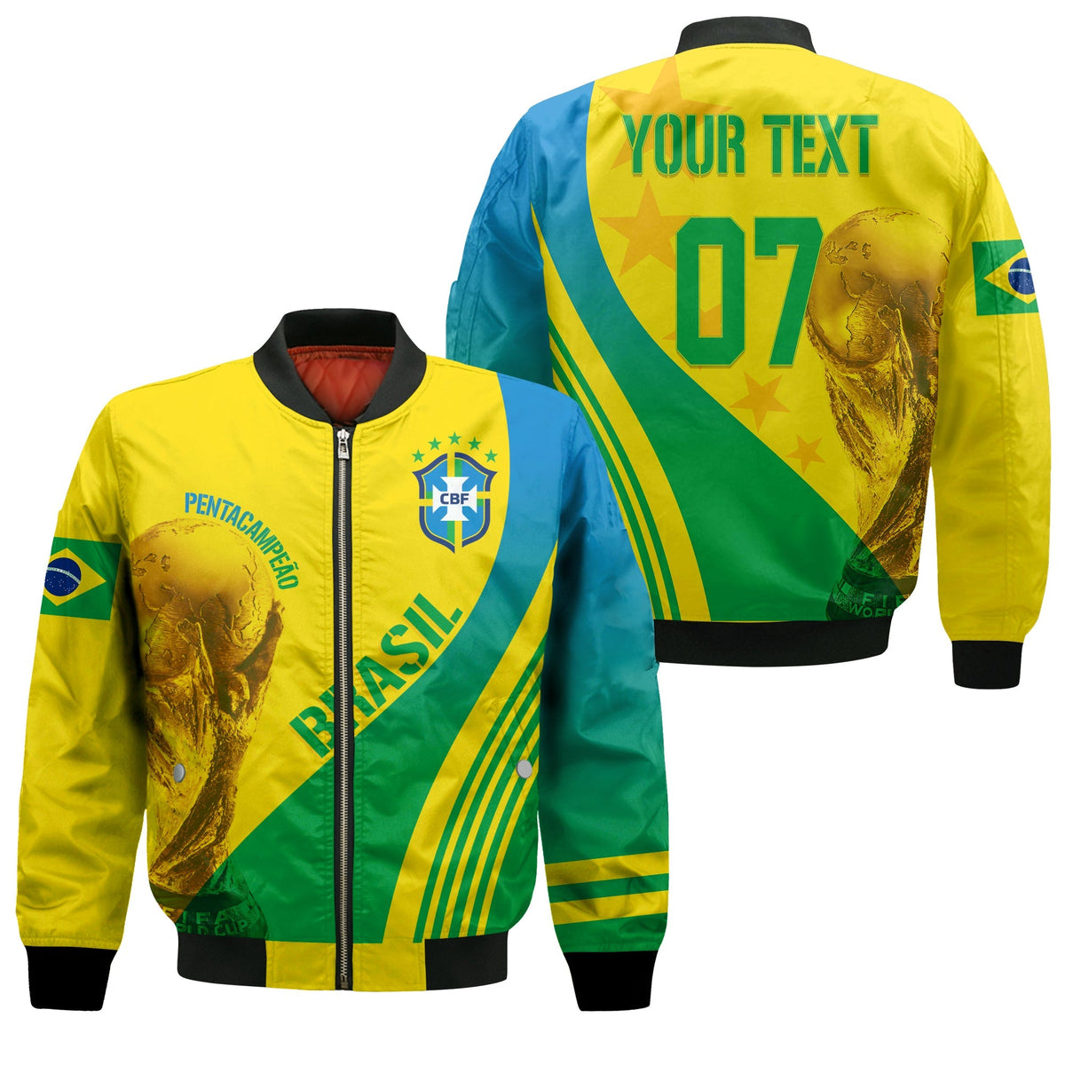 Personalised Brazil Bomber Jacket World Cup 2022 Pentacampe o LT7 - Shopicos