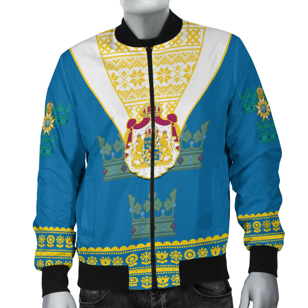 (Custom Personalised) Sweden Bomber Jacket Swedish Coat Of Arms With Scandinavian Flowers - Shopicos
