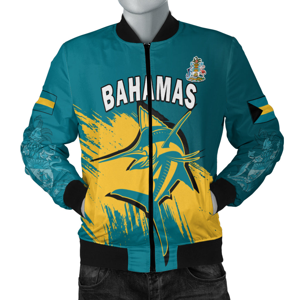 (Custom Personalised) Bahamas Bomber Jacket Blue Marlin With Bahamian Coat Of Arms - Shopicos