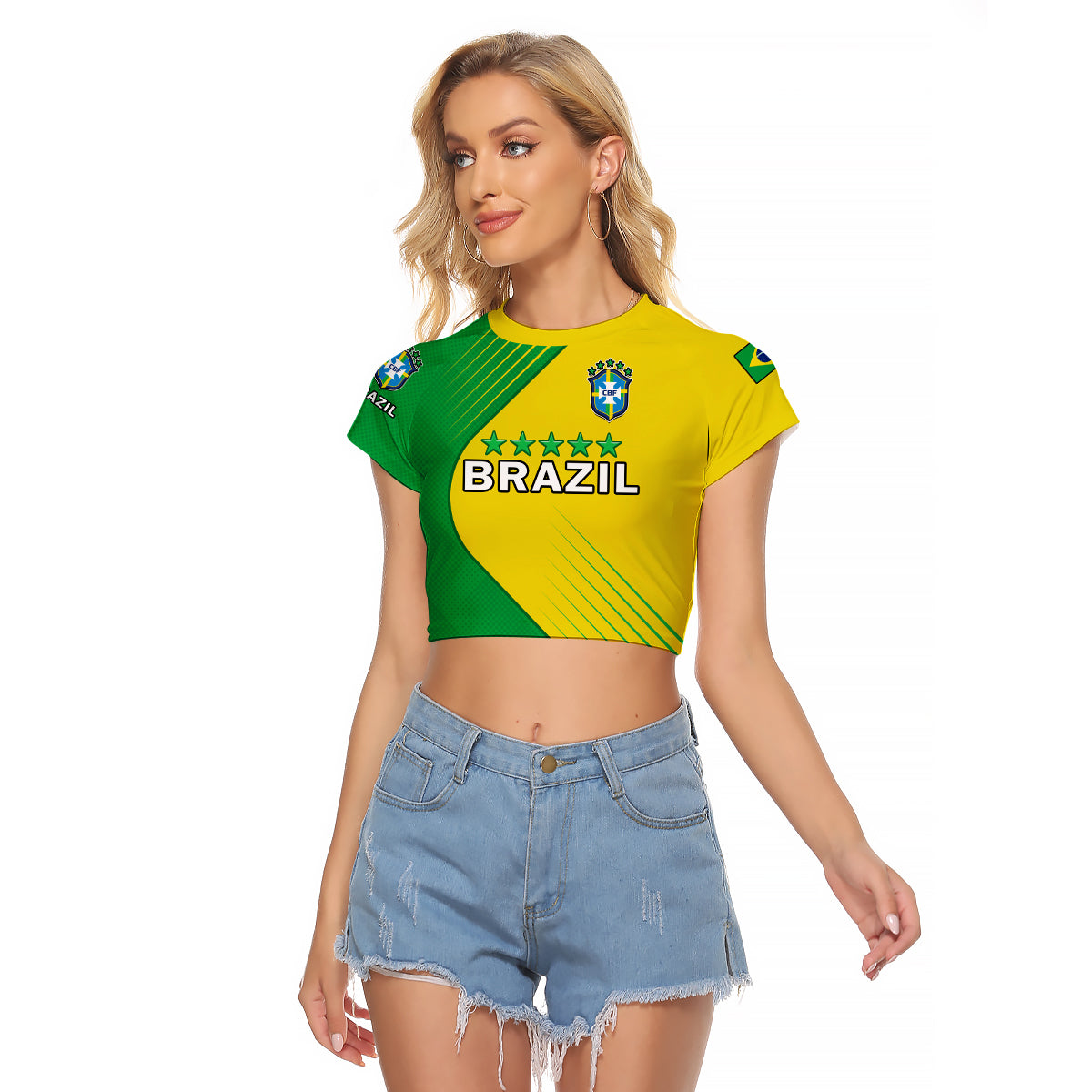 (Custom Text And Number) Brazil Football Raglan Cropped T Shirt Brasil Map Come On Canarinho Sporty Style - Shopicos