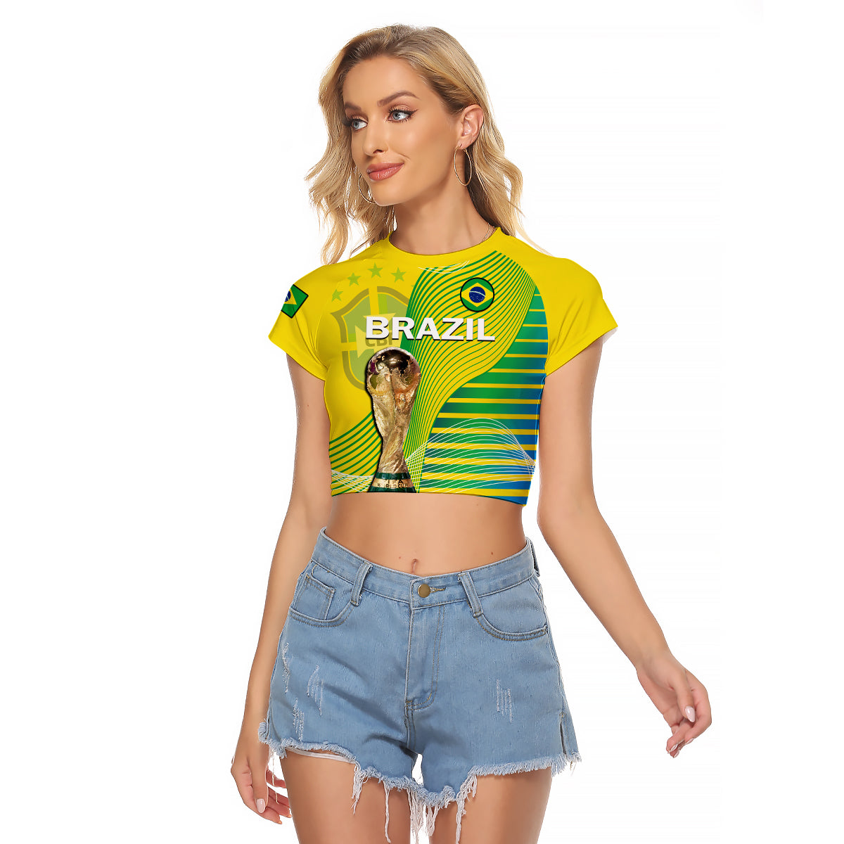 Brazil Football Raglan Cropped T Shirt Canarinha Champions WC 2022 - Shopicos