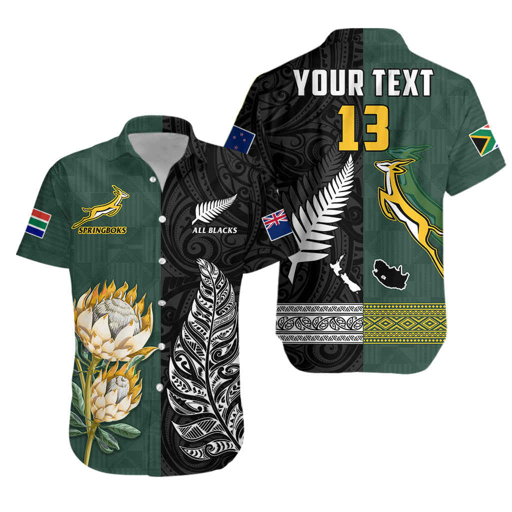 Custom Text and Number South Africa Protea and New Zealand Fern Hawaiian Shirt Rugby Go Springboks vs All Black LT13 - Shopicos