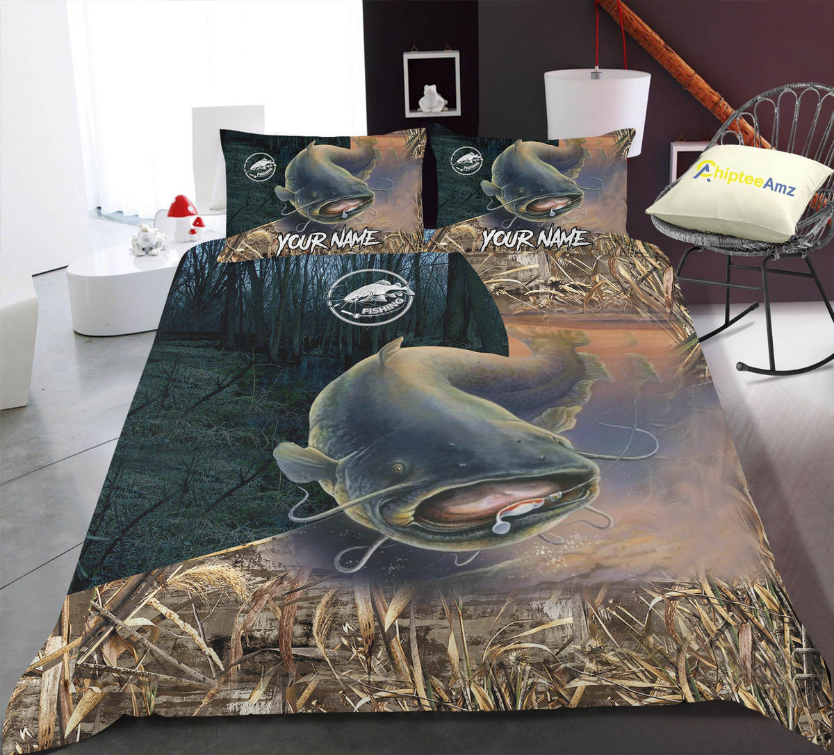Catfish Fishing Camo Custom Fishing Bedding Sets, Personalized Fishing Gifts For Fisherman, Fishing Bedding Set - Shopicos