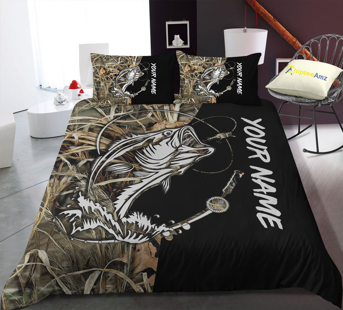 Beautiful Bass Fishing Tattoo Camo Custom Fishing Bedding Sets, Personalized Gifts For Fishing Lovers, Fishing Bedding Set - Shopicos
