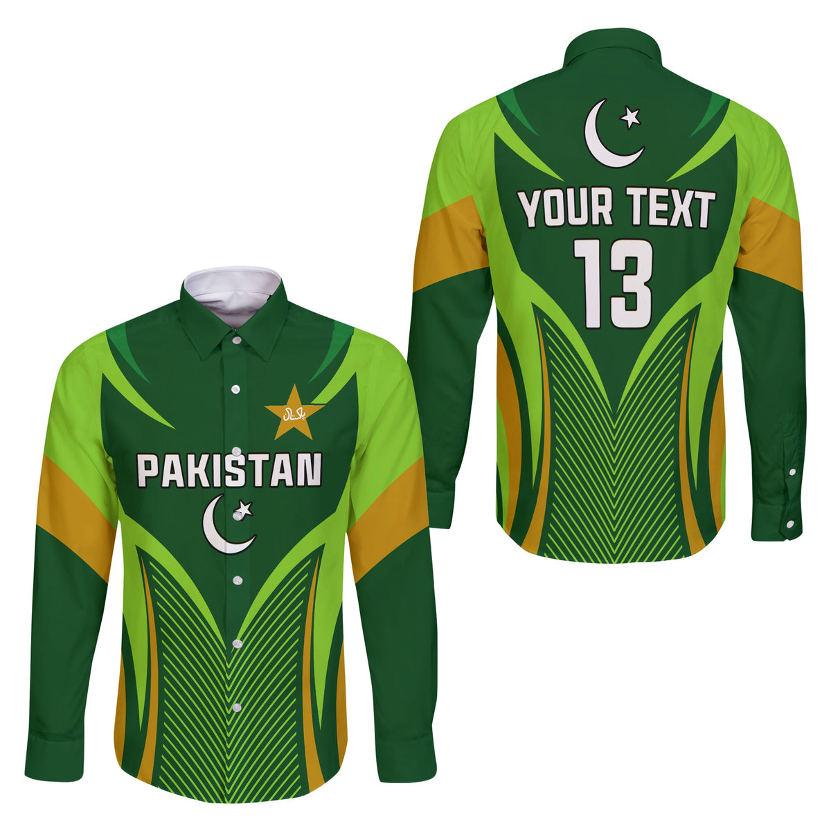 (Custom Text and Number) Pakistan Cricket Long Sleeve Button Shirt Green Shaheens Champion LT13 - Shopicos