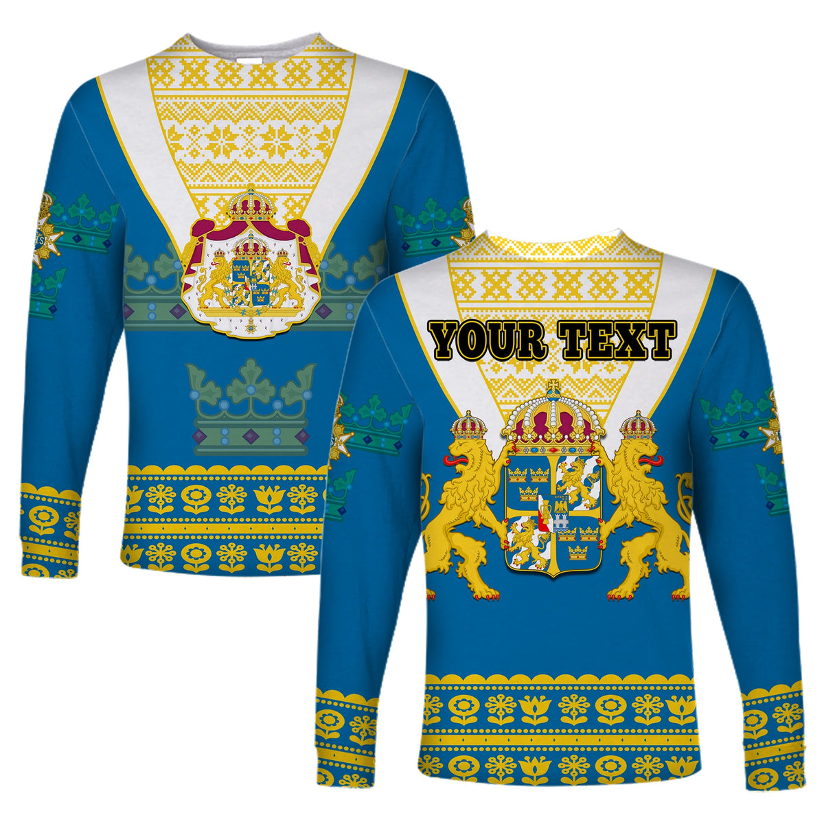 (Custom Personalised) Sweden Long Sleeve Shirt Swedish Coat Of Arms With Scandinavian Flowers - Shopicos