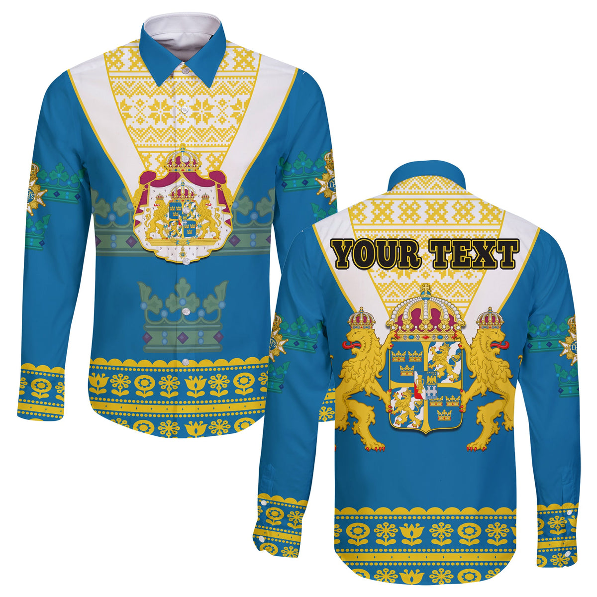 (Custom Personalised) Sweden Long Sleeve Button Shirt Swedish Coat Of Arms With Scandinavian Flowers - Shopicos
