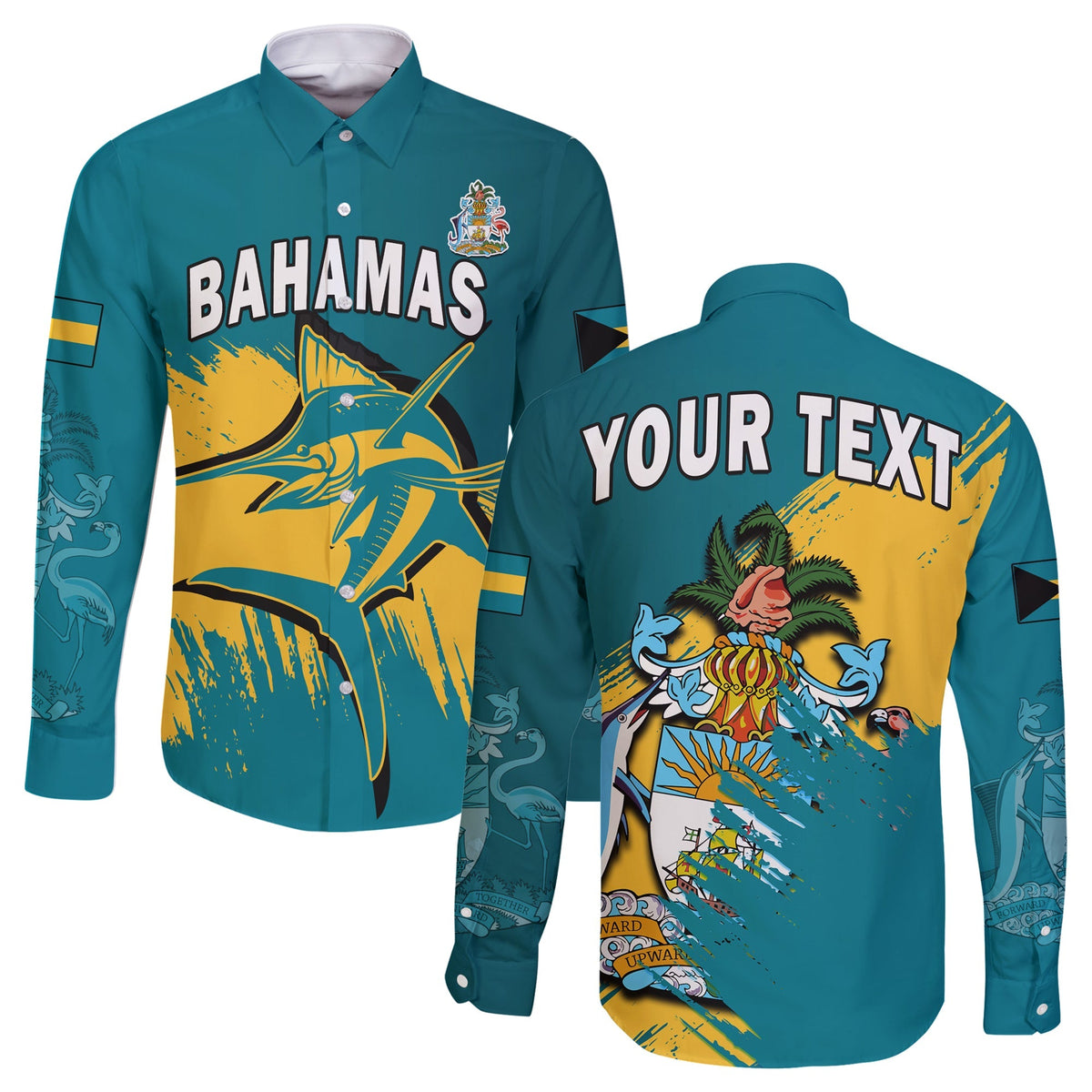 (Custom Personalised) Bahamas Long Sleeve Button Shirt Blue Marlin With Bahamian Coat Of Arms - Shopicos