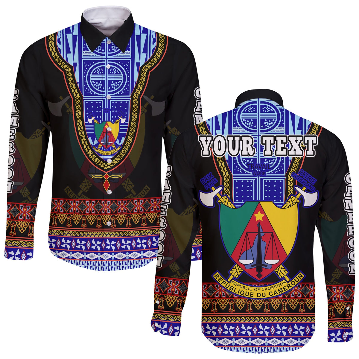 (Custom Personalised) Cameroon Long Sleeve Button Shirt Atoghu Pattern Black Style - Shopicos