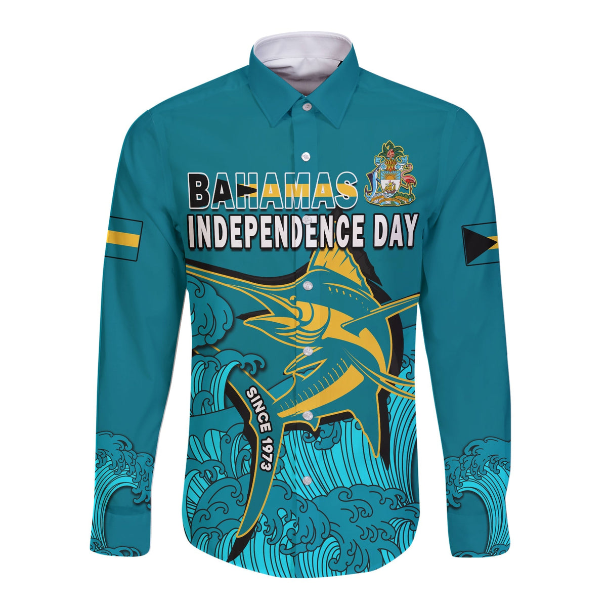 (Custom Personalised) Bahamas Independence Day Long Sleeve Button Shirt Blue Marlin Since 1973 Style - Shopicos