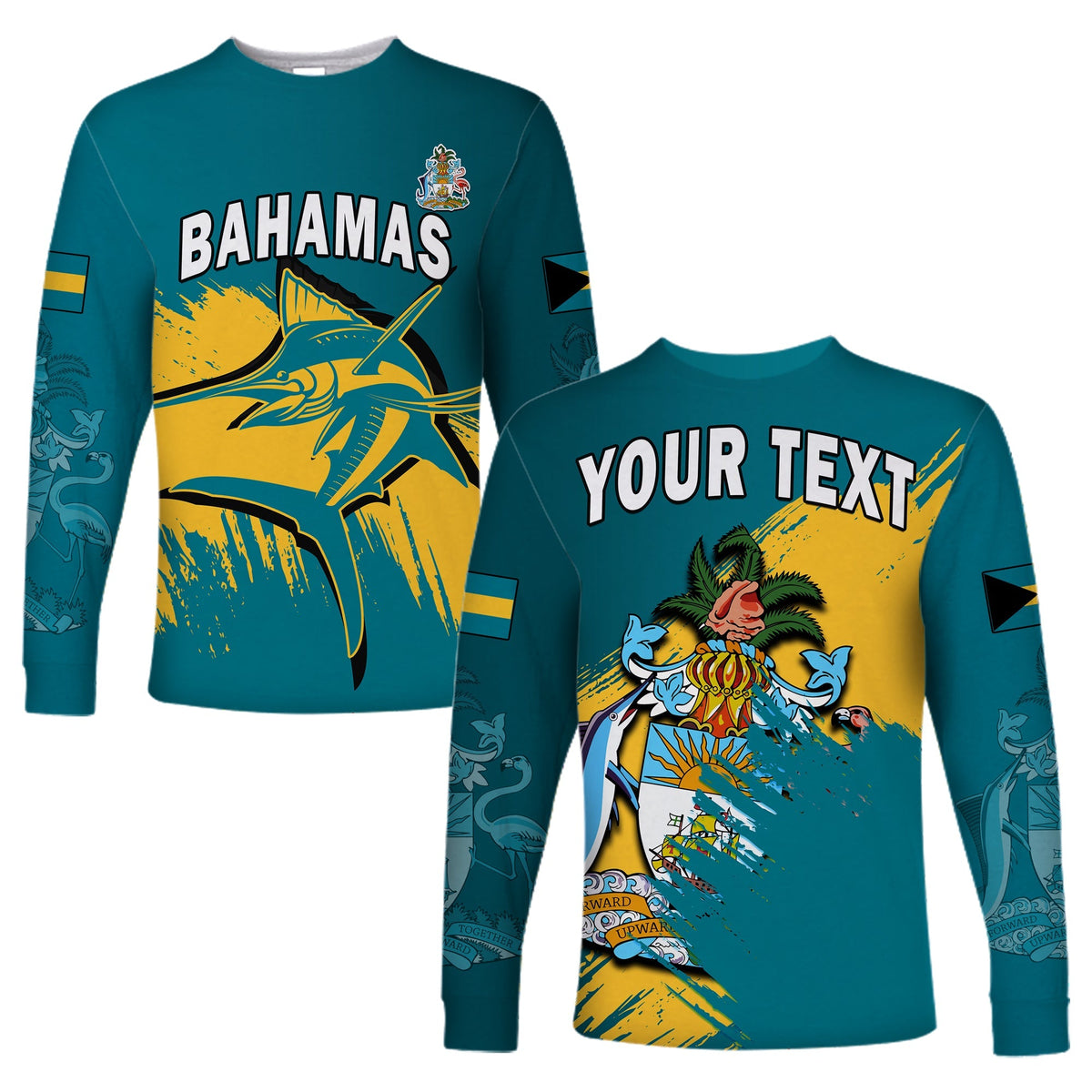 (Custom Personalised) Bahamas Long Sleeve Shirt Blue Marlin With Bahamian Coat Of Arms - Shopicos
