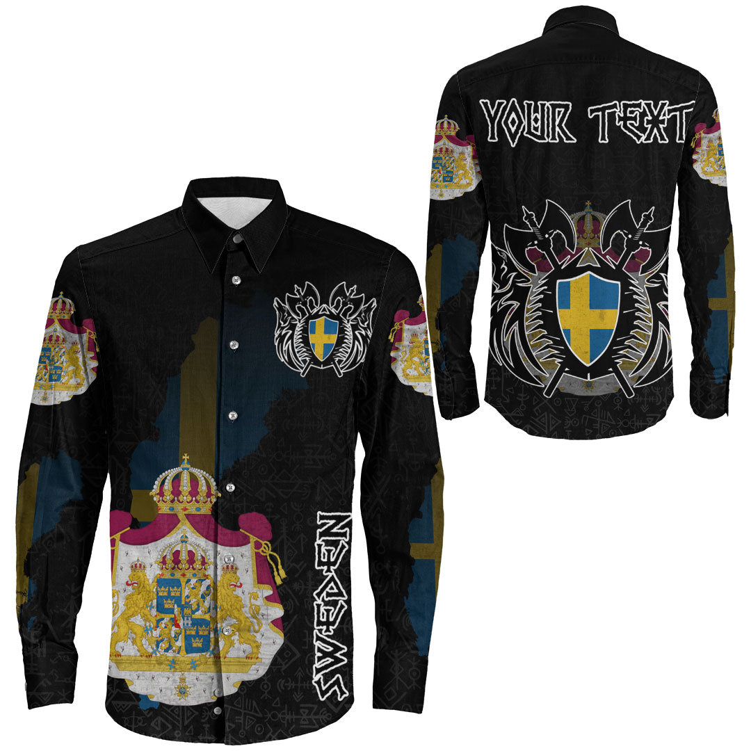 (Custom) Viking - Sweden Flag and Map Long Sleeve Button Shirt style Viking Geri and Freki RLT12 - Shopicos