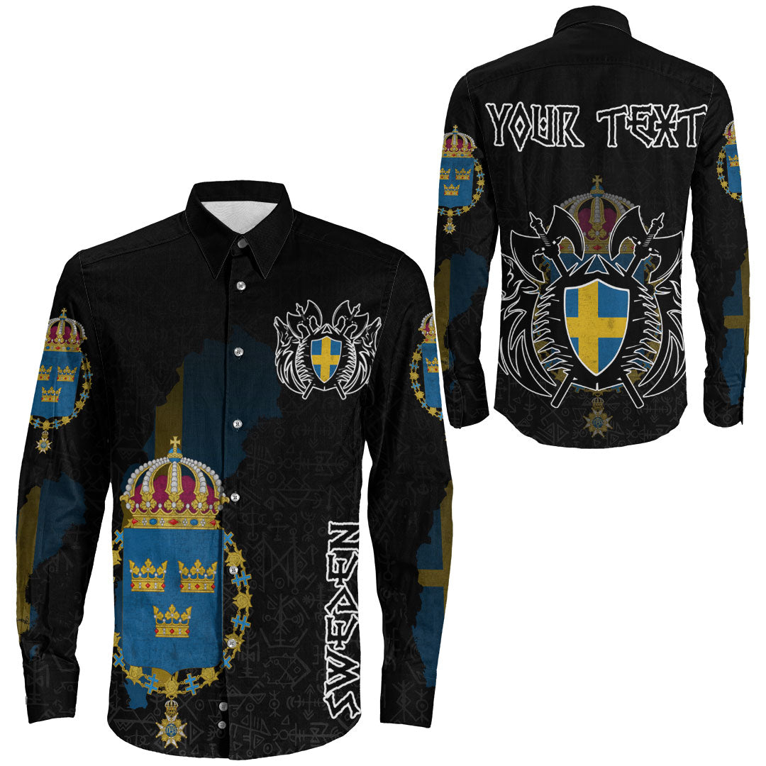(Custom) Viking - Sweden Flag and Map (1) Long Sleeve Button Shirt style Viking Geri and Freki RLT12 - Shopicos