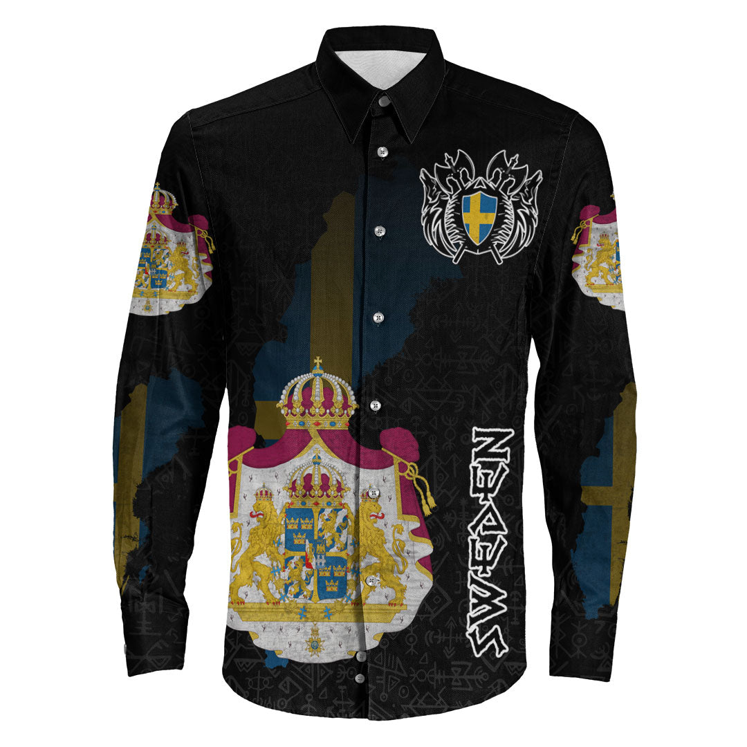 (Custom) Viking - Sweden Flag and Map Long Sleeve Button Shirt style Viking Geri and Freki RLT12 - Shopicos
