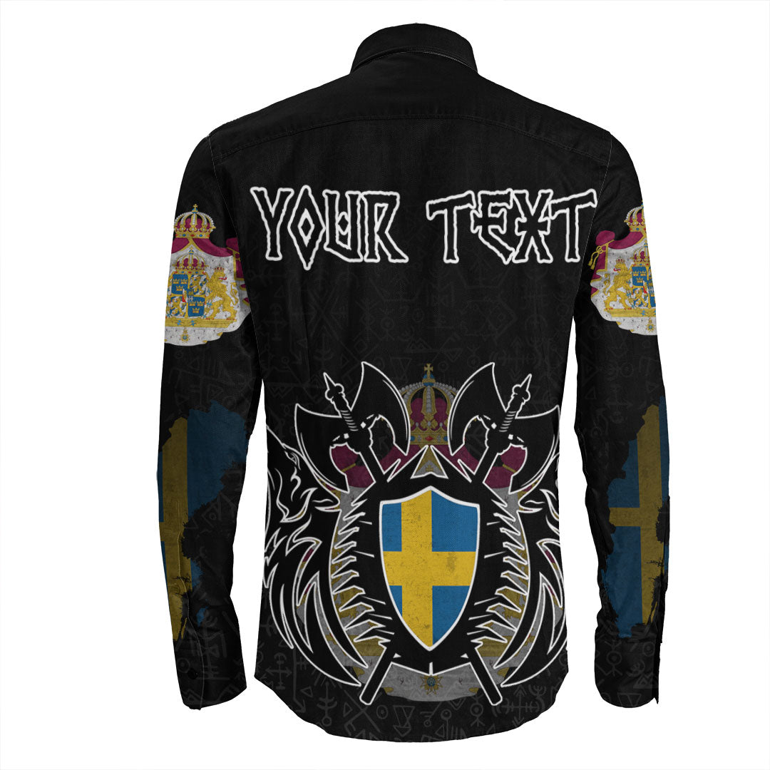 (Custom) Viking - Sweden Flag and Map Long Sleeve Button Shirt style Viking Geri and Freki RLT12 - Shopicos