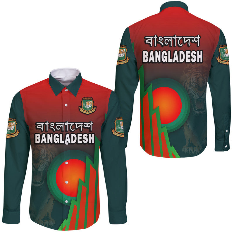 Bangladesh Bangla Tigers Cricket Hawaii Long Sleeve Button Shirt Tigers and Bangladesh Flag - Shopicos