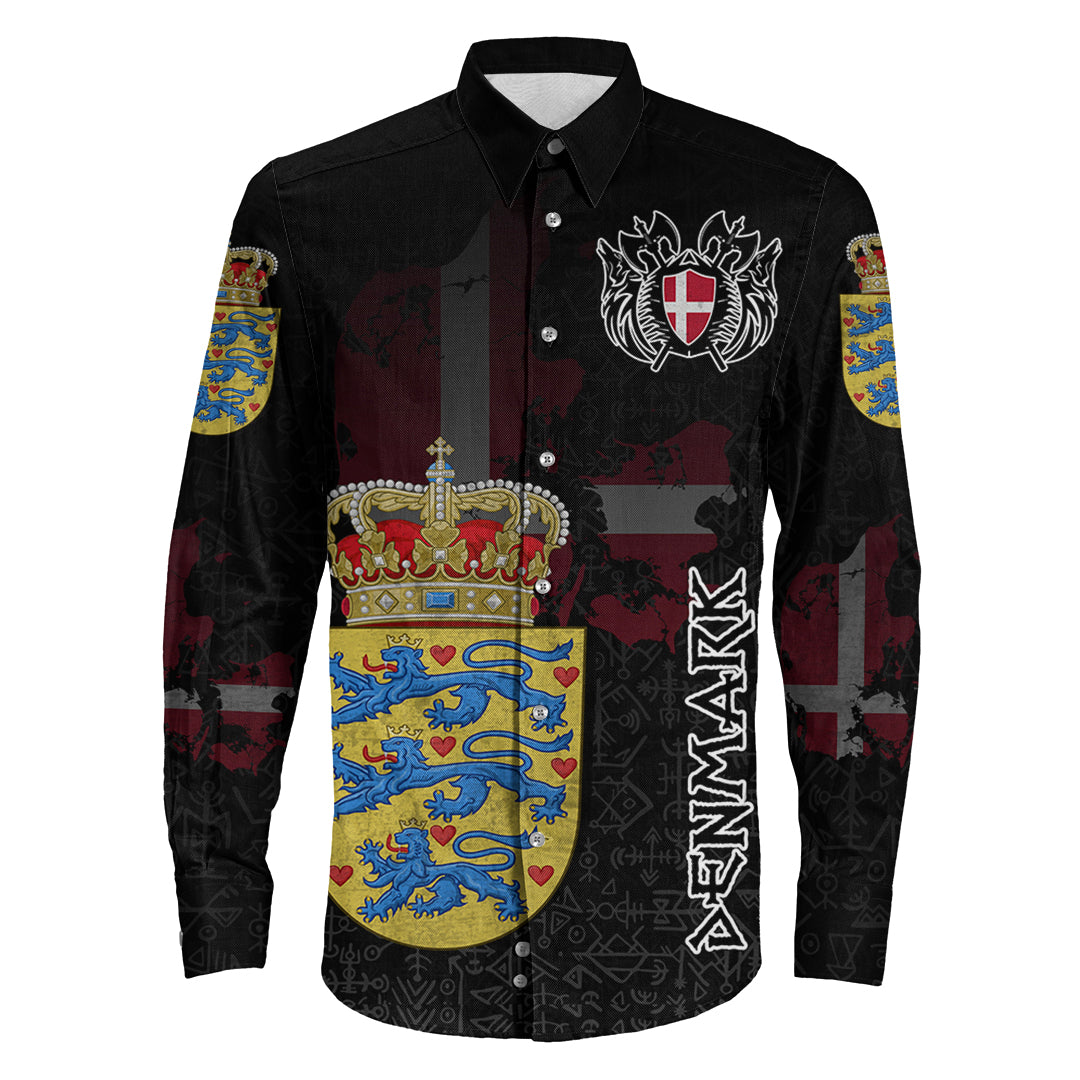 (Custom) Viking - Denmark Flag and Map Long Sleeve Button Shirt style Viking Geri and Freki RLT12 - Shopicos