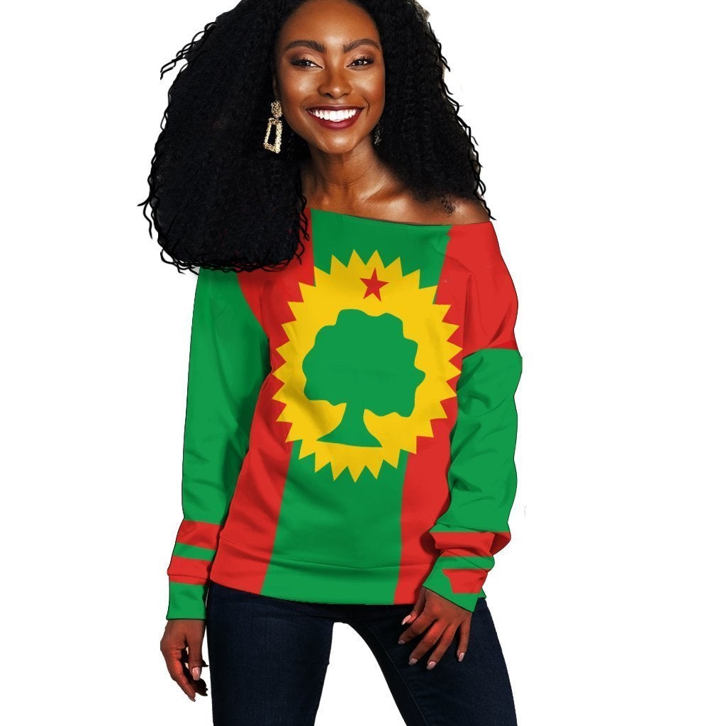 Shopicos Ethiopia, Off Shoulder Sweater Flag of Oromo Liberation - Shopicos