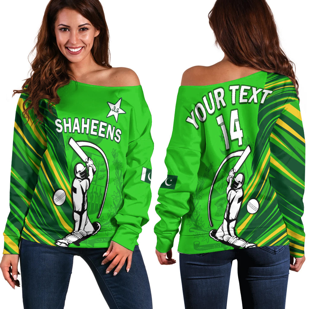 (Custom Text And Number) Pakistan Cricket Off Shoulder Sweater Go Shaheens Simple Style - Shopicos