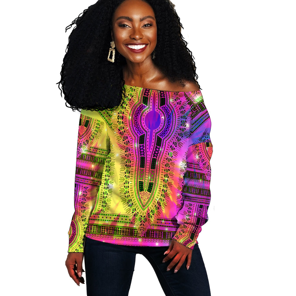 (Custom Personalised) Africa Tie Dye Off Shoulder Sweater Special Dashiki Pattern LT13 - Shopicos