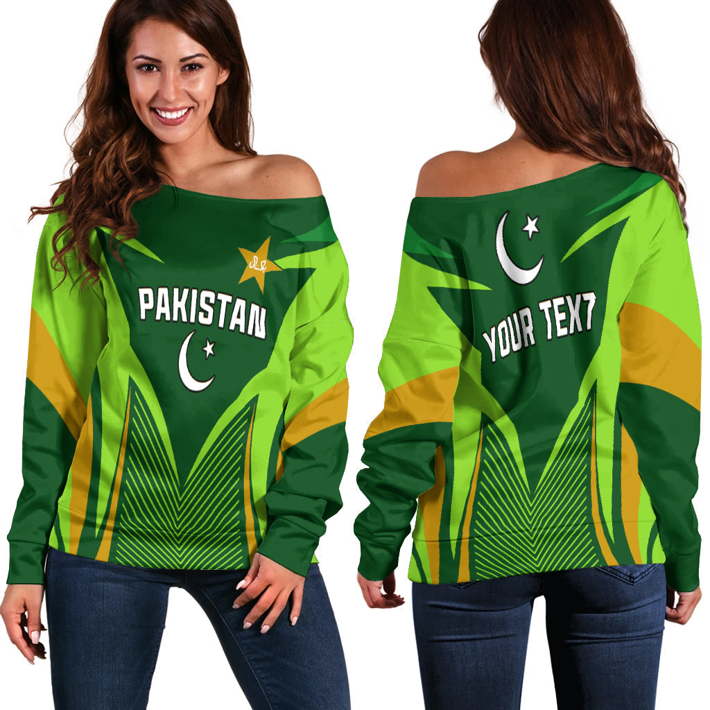 (Custom Personalised) Pakistan Cricket Off Shoulder Sweater Green Shaheens Champion LT13 - Shopicos