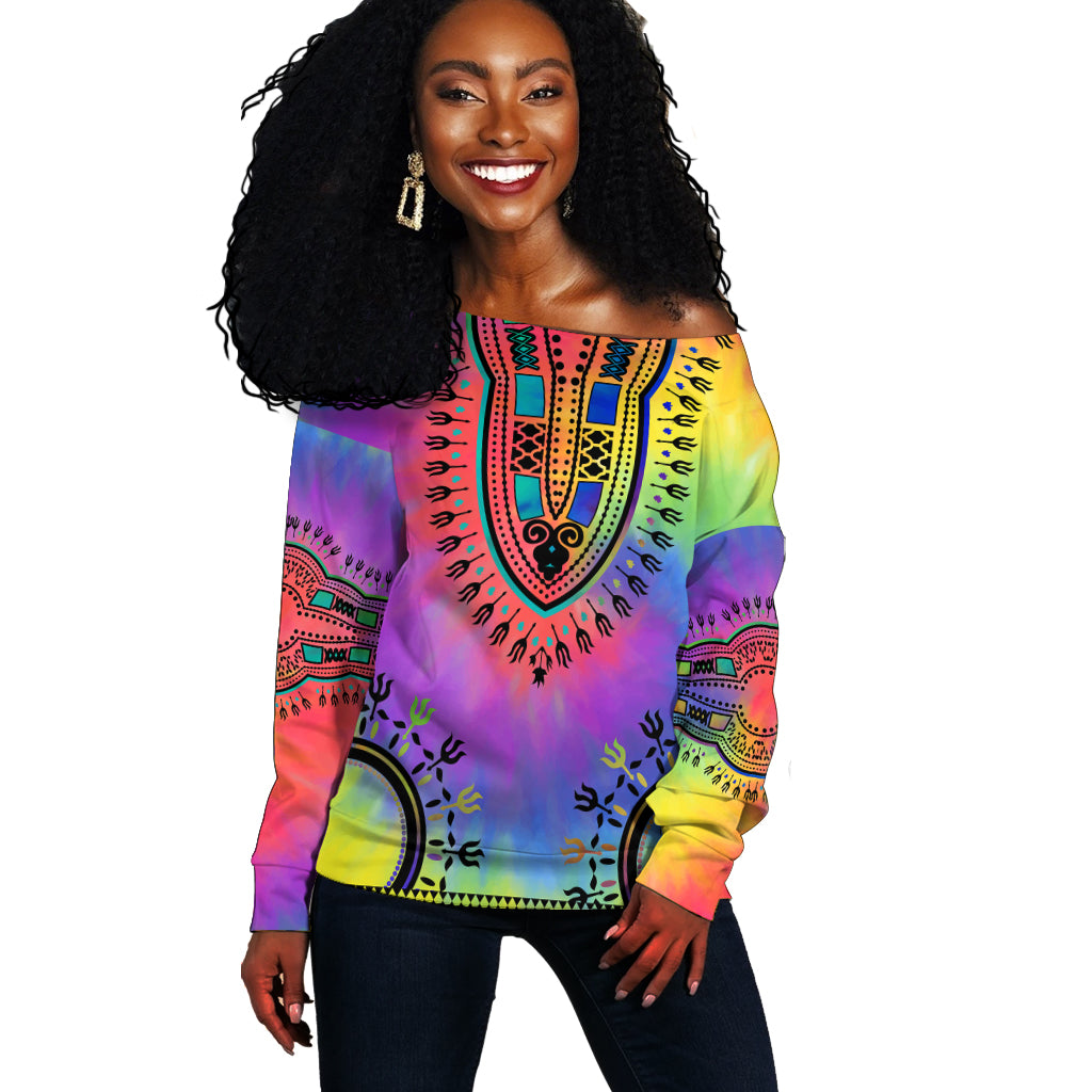 (Custom Personalised) Dashiki Tie Dye Off Shoulder Sweater African Pattern LT13 - Shopicos