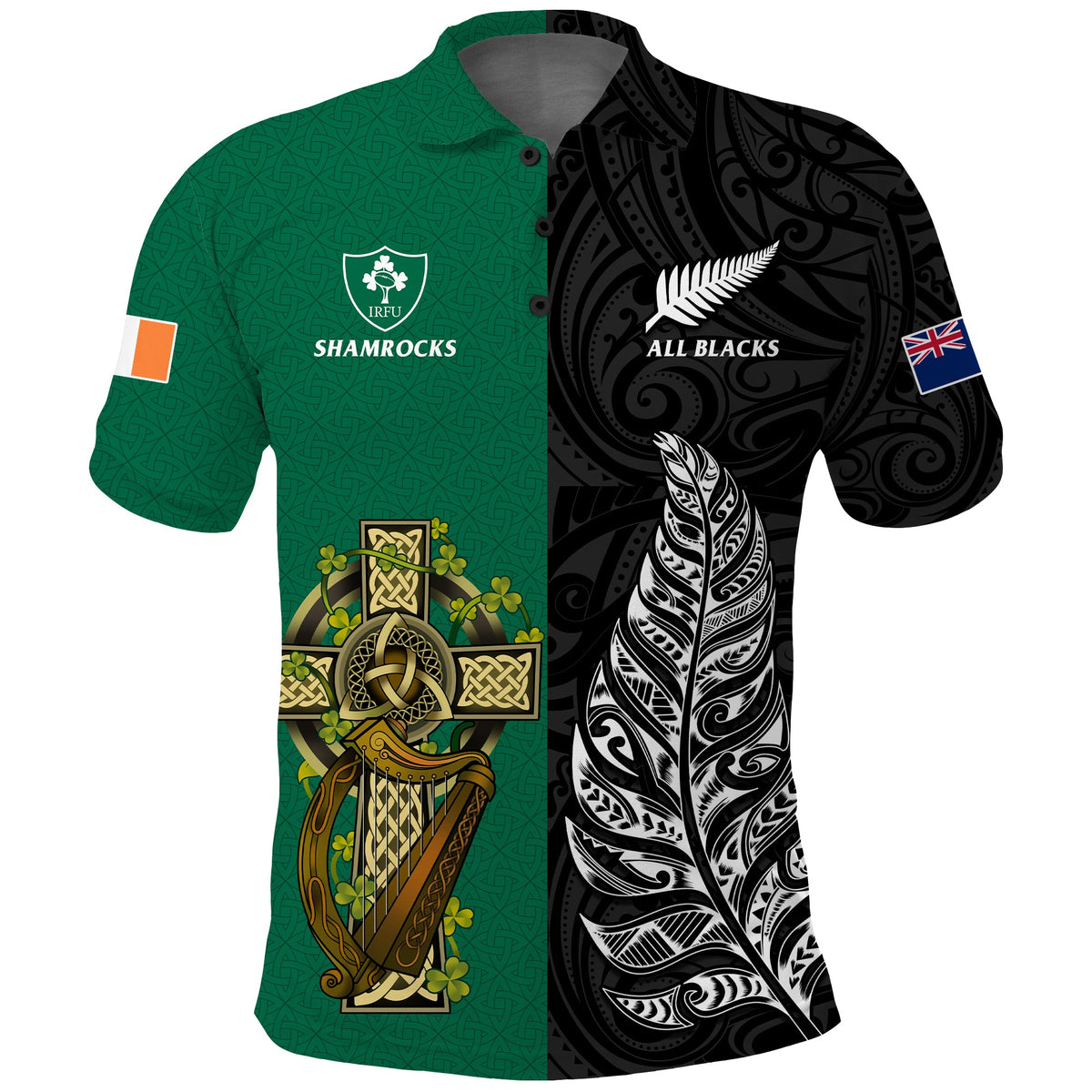 Ireland Shamrock and New Zealand Fern Polo Shirt Rugby Go Shamrock vs All Black LT13 - Shopicos
