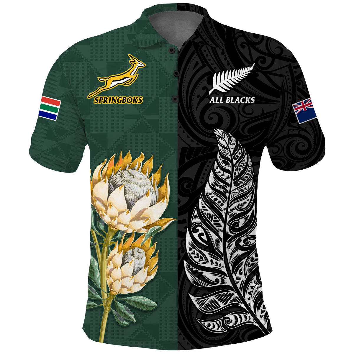 South Africa Protea and New Zealand Fern Polo Shirt Rugby Go Springboks vs All Black LT13 - Shopicos