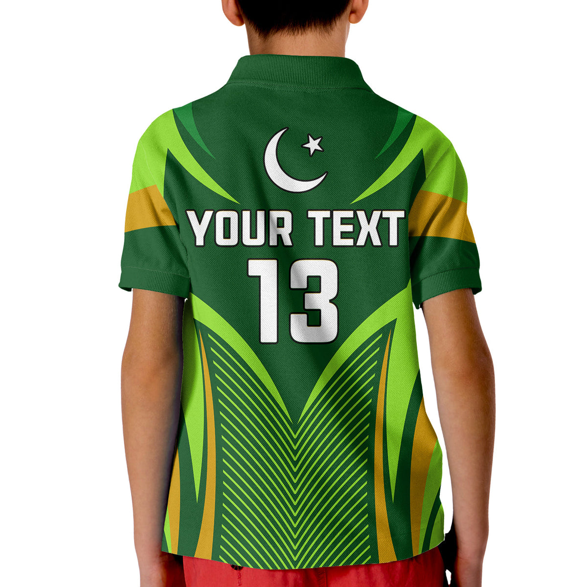 (Custom Text and Number) Pakistan Cricket Polo Shirt KID Green Shaheens Champion LT13 - Shopicos