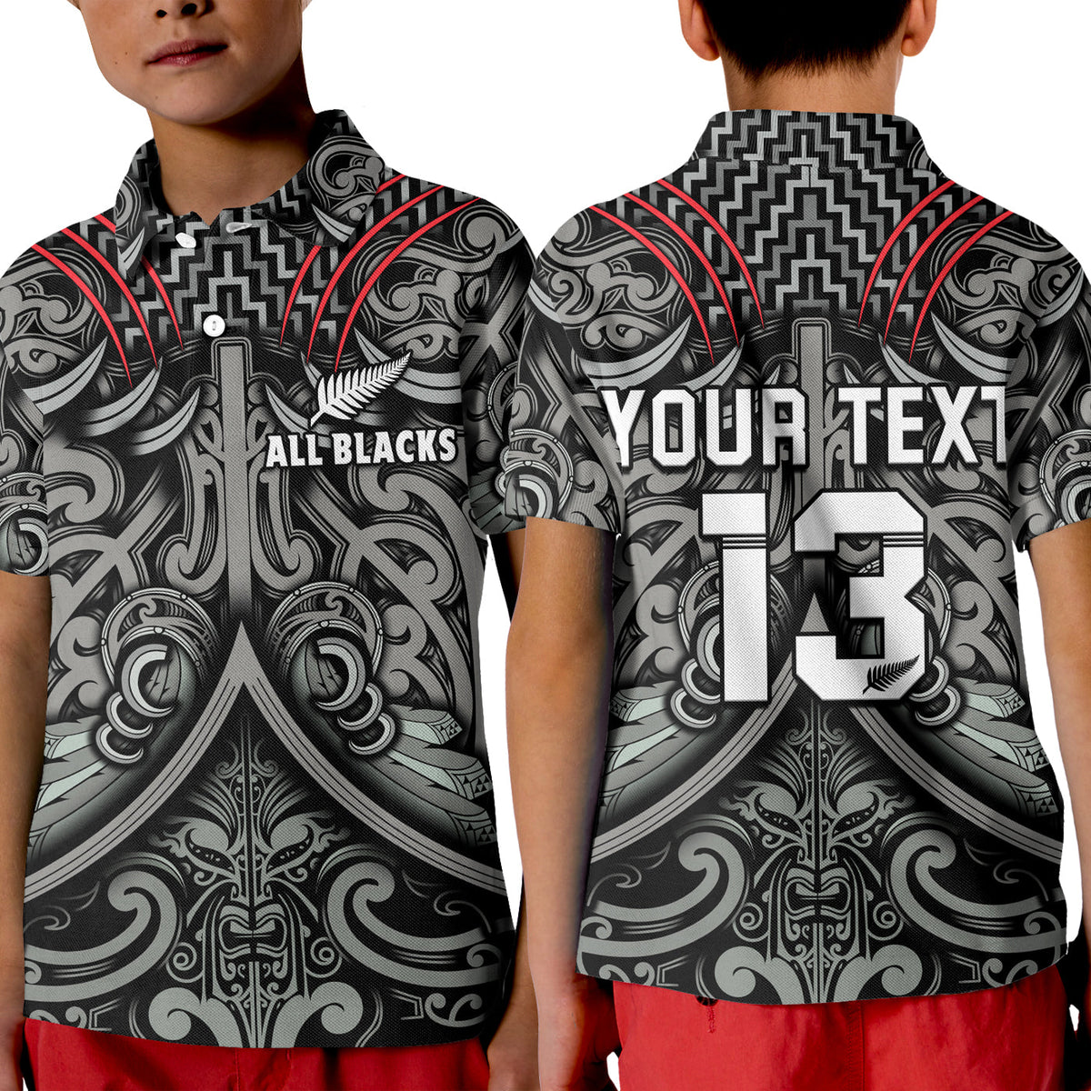 Custom Text and Number New Zealand Silver Fern Rugby Polo Shirt All Black NZ Maori Pattern LT13 - Shopicos
