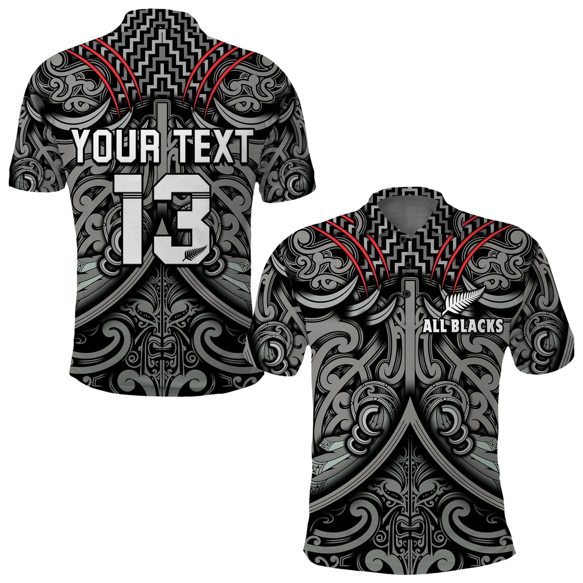 Custom Text and Number New Zealand Silver Fern Rugby Polo Shirt All Black NZ Maori Pattern LT13 - Shopicos